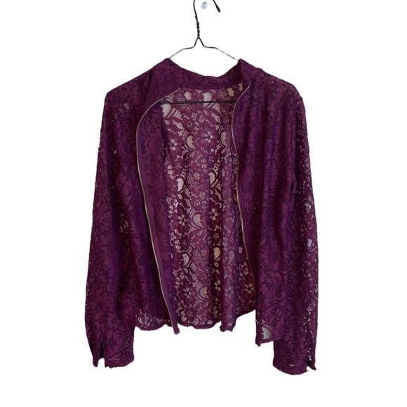PURPLE LACE SEE-THROUGH LONG SLEEVE TOP, HIGH NECK WITH ZIPPER, SIZE SMALL - Picture 5 of 6
